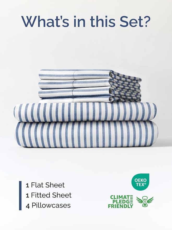 Extra Deep Cal King Sheet Set - 6 Piece Breathable and Cooling Sheets - Hotel Luxury Bedding for Women, Men, Kids & Teens - Easy Secure Fit - Soft & Wrinkle Free - Extra Deep Pockets - Blue Stripes