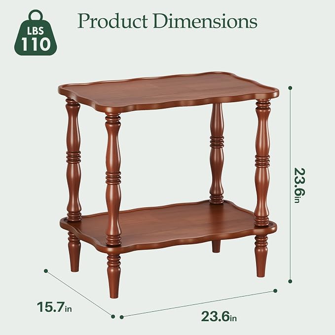 Solid Wood End Table Living Room - 23.6" H Small Narrow Rectangle Wooden End Table for Small Spaces, Dark Real Brown Solid Wood Vintage Antique Side Bedside Table Nightstand with 2-Tier Storage