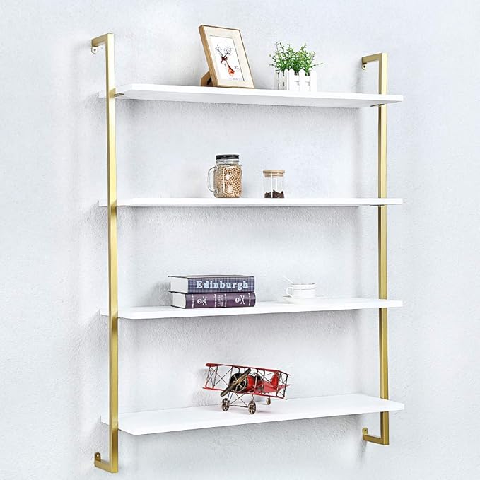 Industrial Metal Wall Shelf,Floating Wood Shelves Wall Mounted,36in Real Wood Book Shelves,4 Tier for Bedrooms Office
