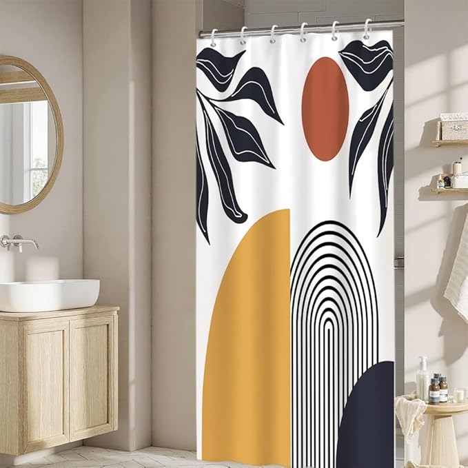 Bohemian Shower Curtain for Bathroom Modern Abstract Minimalist Bathroom Decor Mid Century Arch Sun Leaf Aesthetic Bathtub Curtains Machine Washable Waterproof Polyester Fabric with Hooks 48x72 Inch