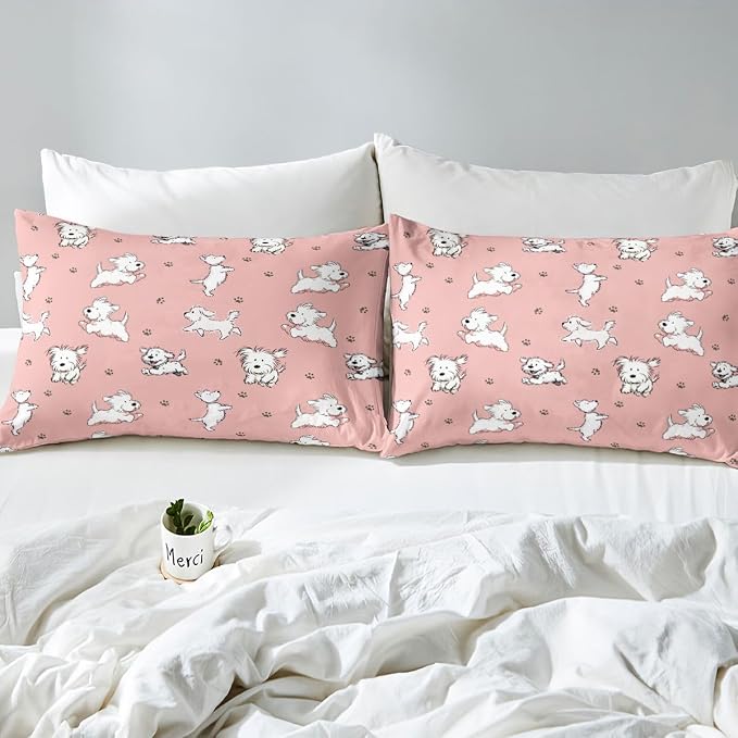 Erosebridal Cute Dog Bedding Set King Cartoon Animals Pastel Pink Duvet Cover Paw Print Comforter Cover for Kids Girls Boys Adults Modern Preppy Aesthetics Bed Set