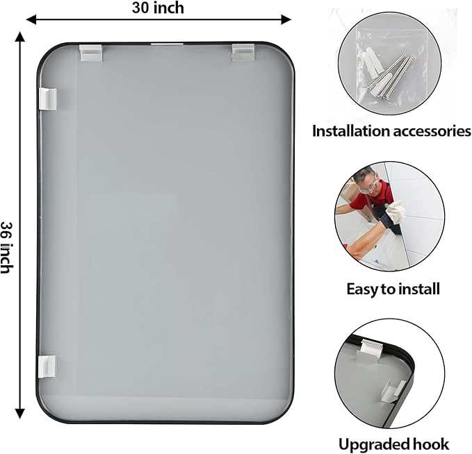 30x36 Inch Black Wall Mirror for Bathroom, Brushed Metal Framed Mirror with Rounded Corner, Rectangle Bathroom Vanity Mirror for Bedroom or Living Room, Horizontal/Vertical