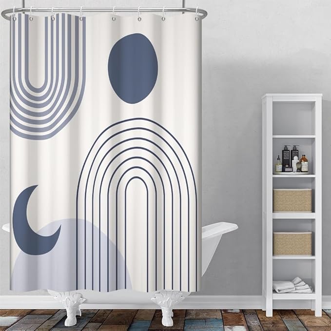 Boho Shower Curtain for Bathroom Modern Minimalist Neutral Bathroom Decor Set Blue Stripes Abstract Sun Moon Chic Aesthetic Bathtub Curtains Washable Waterproof Polyester Fabric with Hooks 48x72 Inch