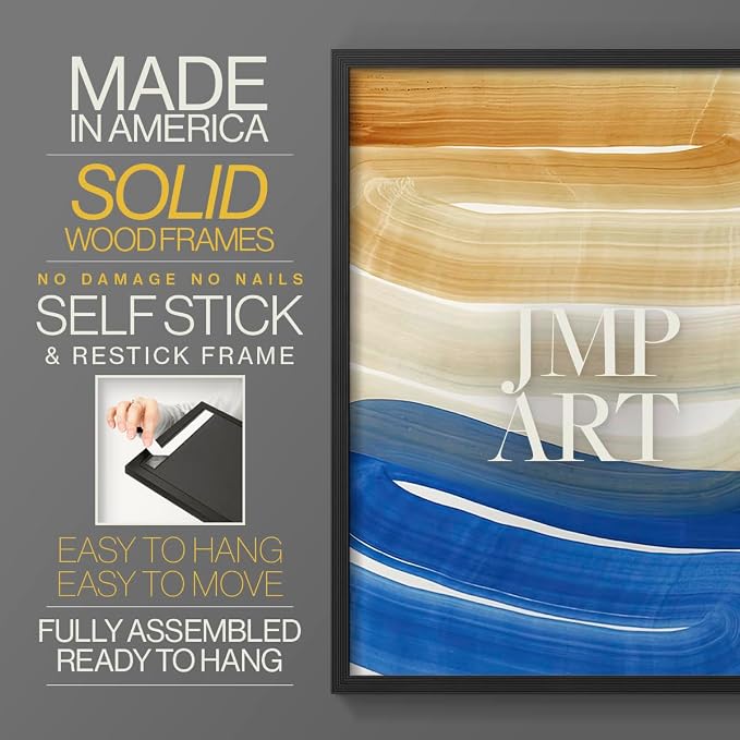 Renditions Gallery Set of 2 Peel & Stick Framed Prints, Abstract Wall Art, Blue and Gold Wave Textured Background Wall Decor, Re-Stickable - Ready to Hang - 8"x10" - Black Frame LT588