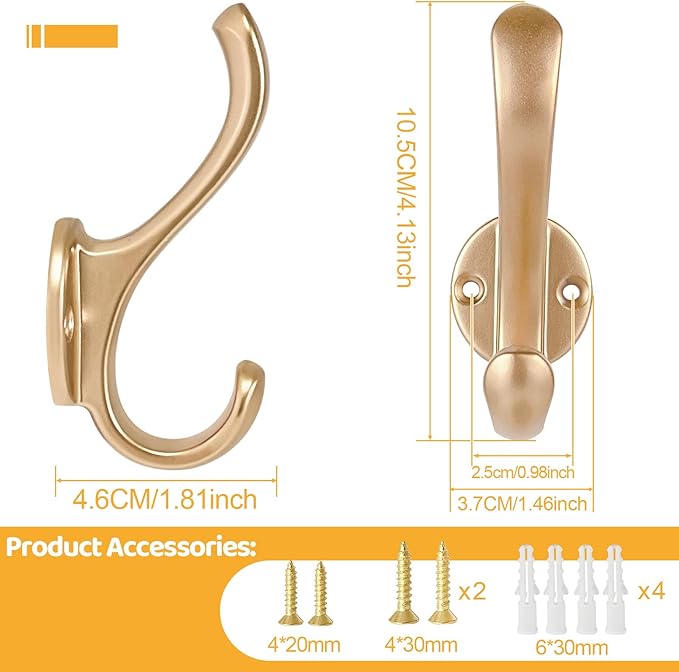 8 Pack Coat Hooks Wall Mount Heavy Duty Utility Retro Double Hooks for Hanging Coats,Hat, Towel, Key, Robe, Scarf, Bag, Cap (Gold)