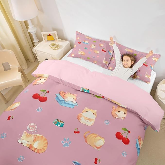 Erosebridal Pink Kitten Bedding Set Full Cute Pet Cats Animals Duvet Cover Cherry Comforter Cover for Kids Girls Boys Adults Cat Paw Print Bed Set