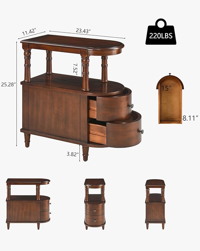Biaco Set of 2 Solid Wood End Tables with 2 Drawers, Cherry Walnut Vintage Sofa Side Tables with Open Shelf,Full Assembly Slim Nightstands for Bedroom Living Room 23.4" Dx11.4 Wx25.3 H, BG-A508-CY