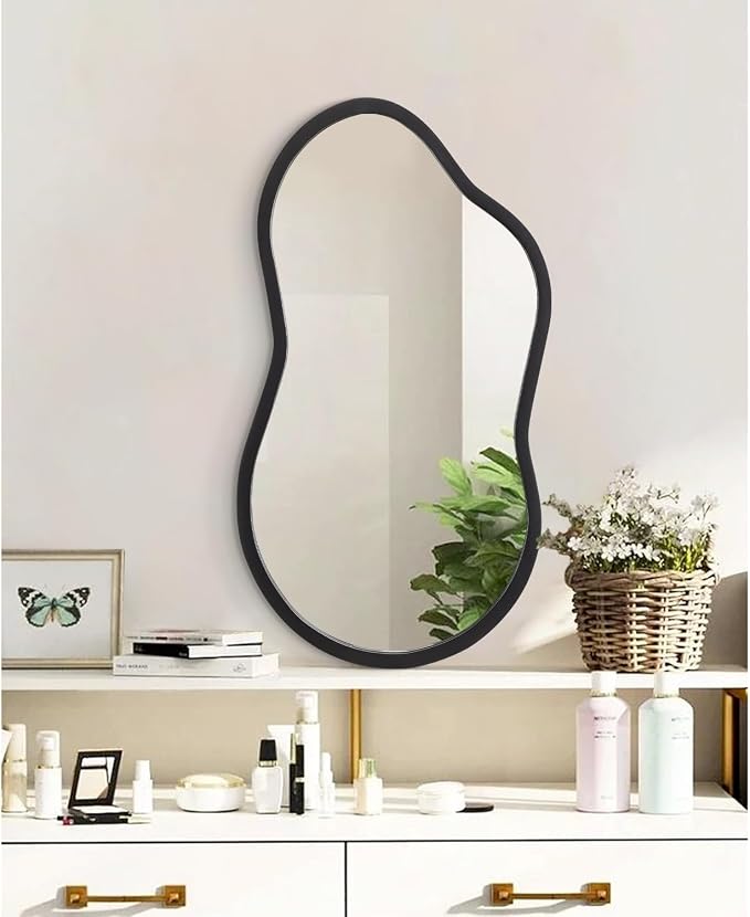 AAZZKANG Large Irregular Mirror 22"x12" Black Asymmetrical Wall Mounted Mirrors Decorative Wood Frame for Bathroom Bedroom Living Room Entryway