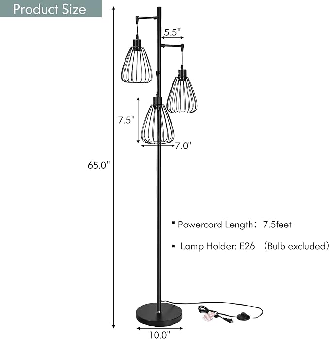 Tangkula Industrial Floor Lamp, 3-Light Tall Tree Lamp with 3 Hanging Lampshades, Freestanding Teardrop Cage Floor Light with Lamp Holder, Bulb, Foot Switch for Hallway, Living Room, Bedroom
