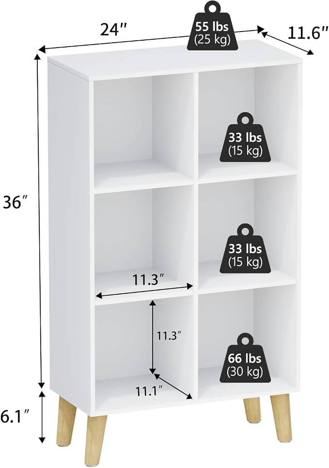 6 Cube Storage Organizer with Legs, 3 Tier Cube Low Bookcase Freestanding Storage Display Organizer for Home Office, Three-Cubes Open Shelf Short Bookshelf (White, 6 Cube Vertical)