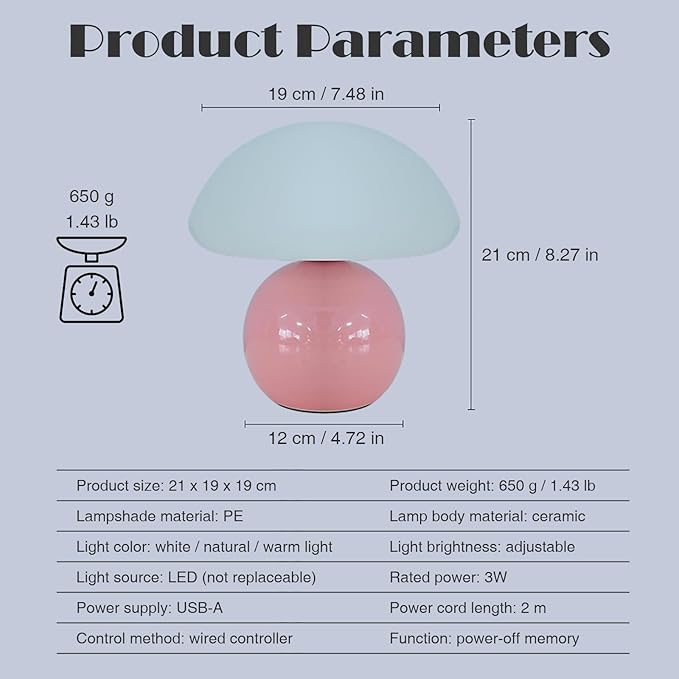 Cute Small Mushroom Lamp, PE Lampshade, Ceramic Base, Adjustable Light Color and Brightness with Power-Off Memory, Safe USB Powered, LED Mushroom Light for Bedroom Living Room (Pink)