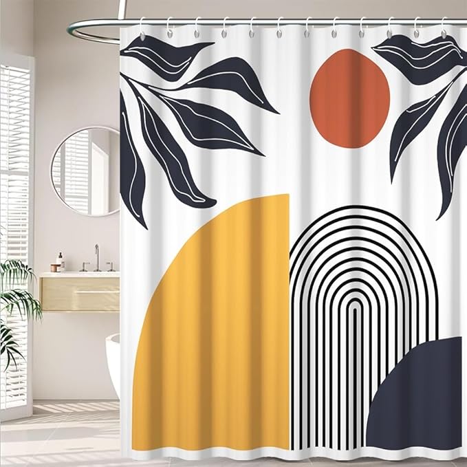 Bohemian Shower Curtain for Bathroom Modern Abstract Minimalist Bathroom Decor Mid Century Arch Sun Leaf Aesthetic Bathtub Curtains Machine Washable Waterproof Polyester Fabric with Hooks 54x72 Inch