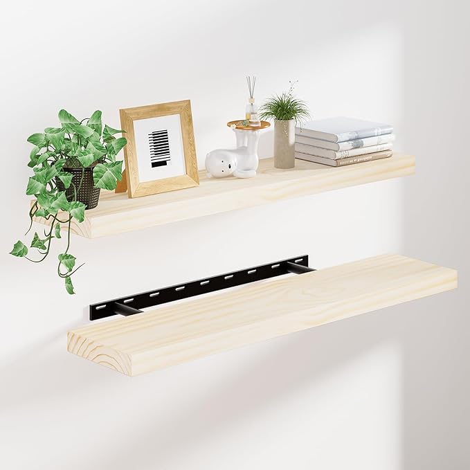 Heimlove 36 Inch Floating Shelves for Wall Solid Wood Shelves Set of 2,Wall Mounted Rustic Wood 8 Inch Deep Floating Shelf with Invisible Brackets for Bedroom Kitchen Living Room