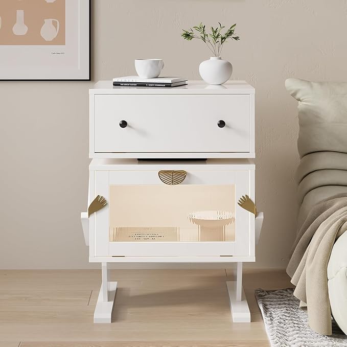 RoyalCraft Large Nightstand Set of 2 with LED Lights, White End Table with 360°Rotating Drawer, Modern Bedside Table with Storage, Wood Night Stand for Bedroom, Home Office, White