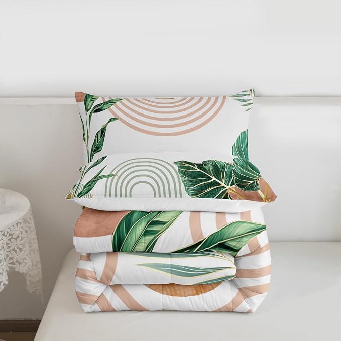Erosebridal Pink and Green Boho Comforter Set King Aesthetic Mid Century Bedding Set for Kids Boys Girls Simple Line Botanical Leaf Art Comforter Modern Minimalist Tropical Quilt Duvet