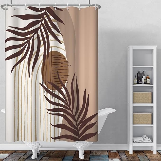 Modern Bohemia Shower Curtain for Bathroom Brown Abstract Minimalist Bathroom Set Decor Stripes Arch Sun Palm Leaves Chic Aesthetic Washable Waterproof Polyester Fabric with Hooks 36x72 Inch