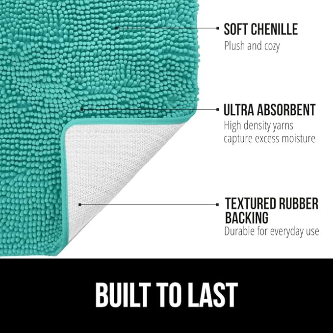 GORILLA GRIP Bath Rug Mat, Thick Soft Absorbent Chenille, Quick Dry Microfiber Mats, Rubber Backing Washable Shower Floor Rugs, US Designed Bathroom Bathmat Home Decor Accessories, 24x17, Turquoise
