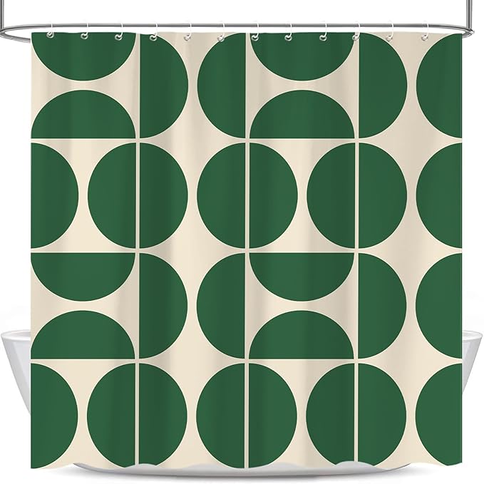 Green Mid Century Modern Shower Curtain, Boho Abstract Geometric Retro Art Bath Curtains for Bathroom, Colorful Unique Pattern Waterproof Polyester Fabric Bathroom Set 12 Hooks 72X72IN