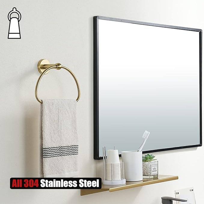 JQK Towel Ring Light Gold, Stainless Steel Half Ring Towel Holder for Bathroom, 7 Inch Brushed Golden Wall Mount, TR160-BG