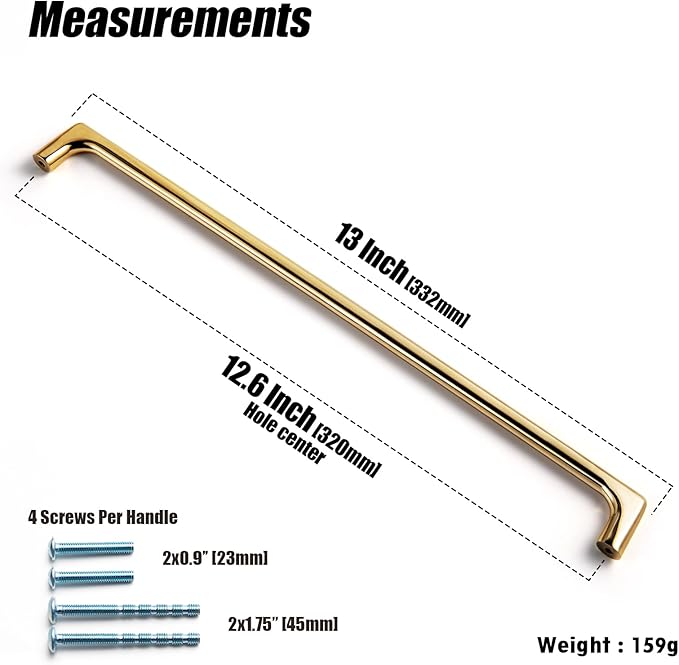 Goo-Ki Shinging Gold Cabinet Pulls with 12.6''(320mm) Hole Centers, Modern Style Zinc Alloy Cabinet Handles for Dresser,Wardrobe,Cupboard- 2 Pack