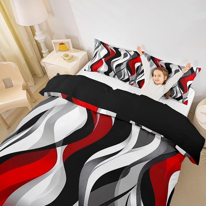 Red Black Stripes Duvet Cover Set Twin Size,Abstract Geometric Wave Striped Bedding Set,Boys Girls Room Decor,Contemporary Minimalist Comforter Cover,Simple Quilt Cover,1 Pillowcase(No Filler)