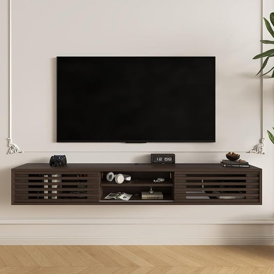 94" Floating TV Stand with Slatted Sliding Doors, Mid-Century Modern Wall Mounted Entertainment Center, Walnut Media Floating tv Console for 85 TV, Space-Saving Cable Management