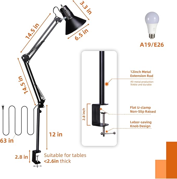 2 Pack LED Desk Lamp With Clamp for Office Home, Eye-Caring Desk Light with 360°Adjustable Extra Tall Metal Swing Arm, High Intensity Clamp w/A19 E26 Bulb for Working Reading, Table Lamps Warm Light