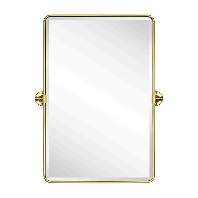 TEHOME 20x30'' Pivot Rectangle Bathroom Vanity Mirror Brushed Gold Rounded Corner Metal Framed Tilting Beveled Vanity Wall Mirrors