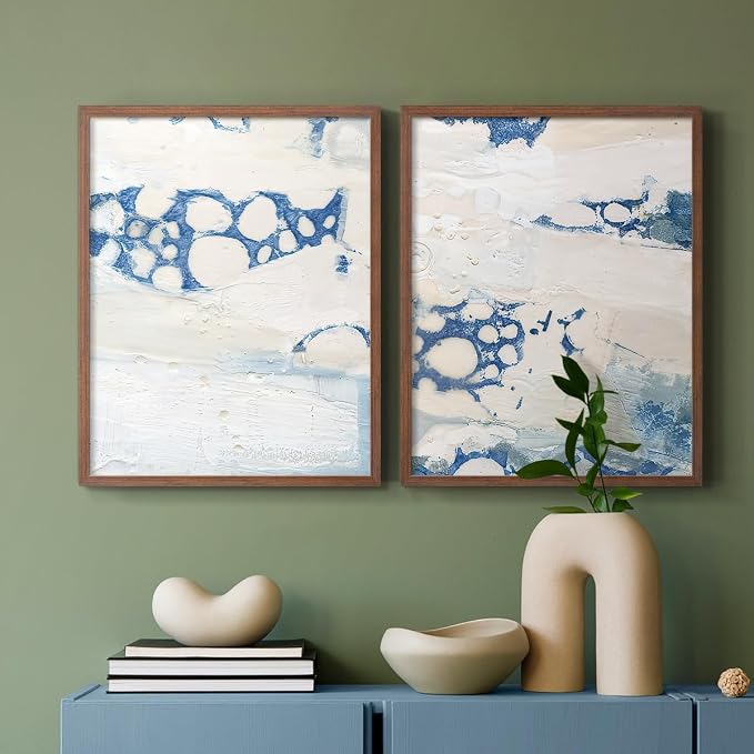 Renditions Gallery Set of 2 Peel & Stick Framed Prints, Textured Abstract Wall Art, Beach Themed Bubble Design Wall Decor, Re-Stickable - Ready to Hang - 22"x28" - Walnut Frame LT588