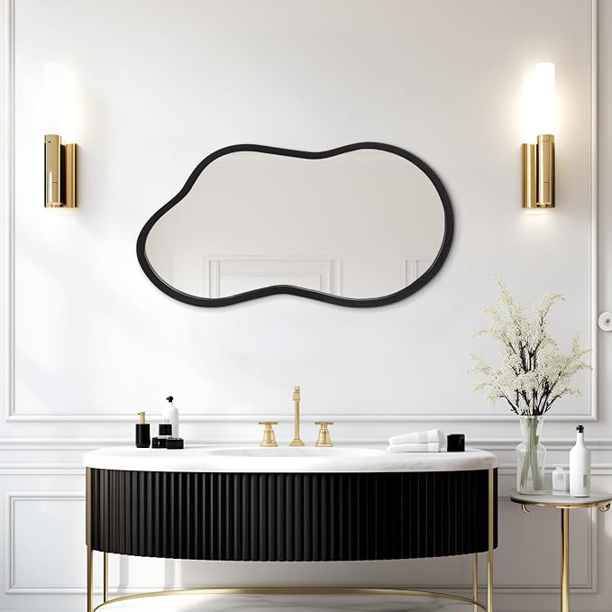 AAZZKANG Large Irregular Mirror 22"x12" Black Asymmetrical Wall Mounted Mirrors Decorative Wood Frame for Bathroom Bedroom Living Room Entryway