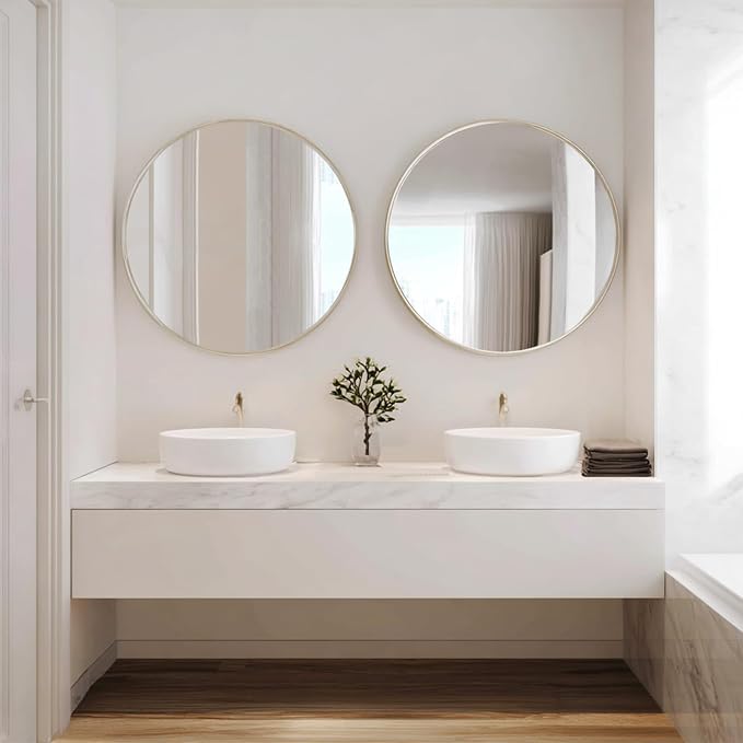 Sunniry Silver Round Mirror 24 inch, 2 Pack Silver Circle Mirror, Round Bathroom Mirrors Metal Frame for Bathroom, Bedroom, Living Room, Hallway.