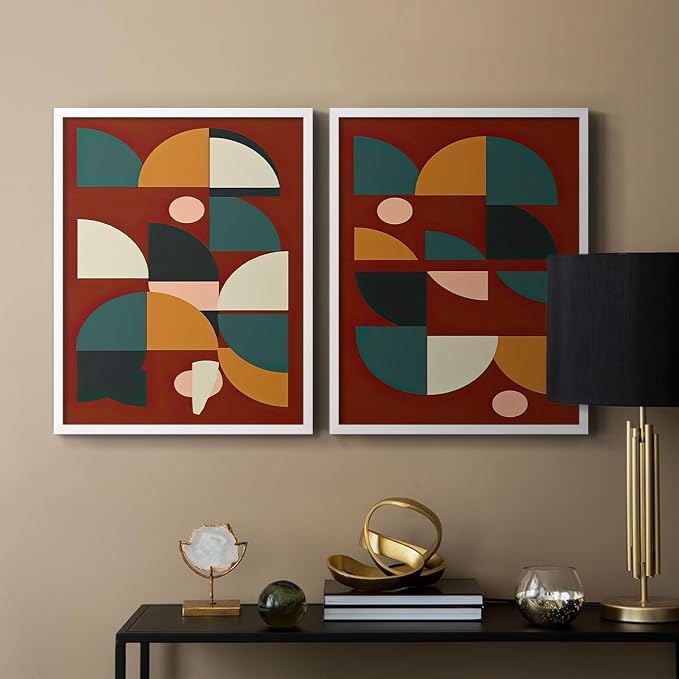 Renditions Gallery Set of 2 Peel & Stick Framed Prints, Mid Century Abstract Wall Art, Modern Geometric Shapes Wall Decor, Re-Stickable - Ready to Hang - 22"x28" - White Frame LT588