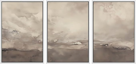 SIGNWIN Framed Canvas Print Wall Art Set Neutral Cloudy Sky Landscape Soft Beige and Taupe Illustrations Modern Art Decorative Boho Relax/Zen Nordic for Living Room, Bedroom, Office - 24"x36"x3 White