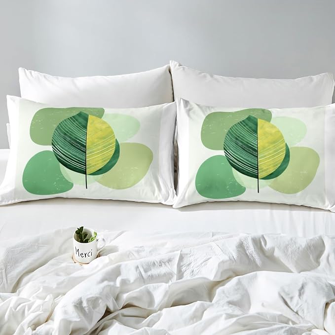 Erosebridal Green Modern Comforter Cover Mid Century Bed Set, Hippie Minimalist Duvet Cover King Size Abstract Leaves Bedding Sets, Aesthetic Geometric Bedspread Cover White Bedroom Decoration