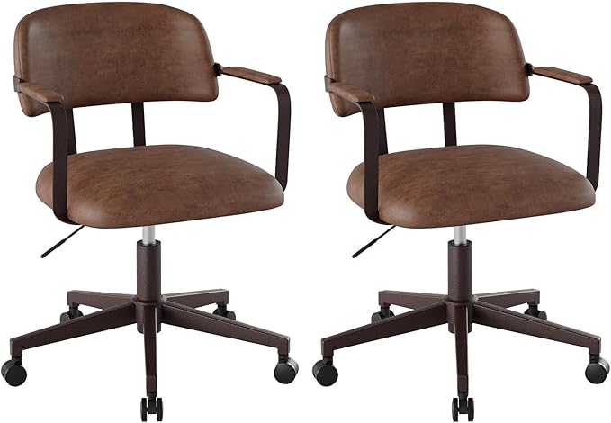 Home Office Desk Chair, Mid-Century Modern Desk Chair with Padded Arms, Adjustable Seat Height, Mid Back 360° Small Computer Chair with Mobile Mute Wheel, PU Leather (Brown,2BOX)