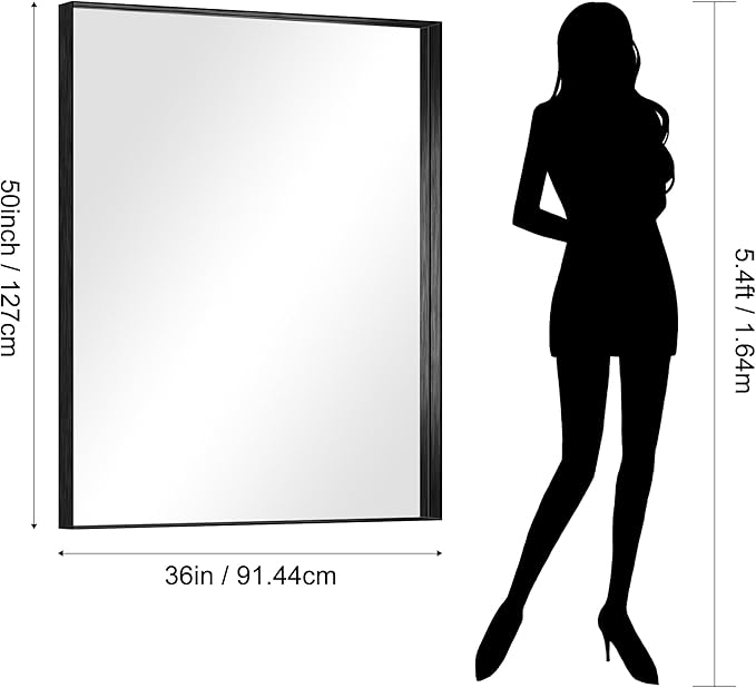 CIRCUMI Black Bathroom Mirror, 36"x50" Rectangular Mirror with Deep Metal Frame, Brushed Finish, Tempered Glass, Large Mirror for Wall, Over 2 Sinks, Installed Vertically/Horizontally, Crystal-Clear