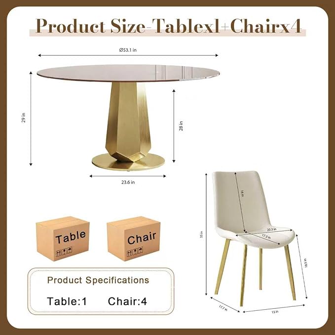 Montary 53 inch Luxury Round Dining Table Set with Sintered Stone Top & Gold Stainless Steel Base, Modern 5-Piece Kitchen Set for 4-8 People, Dining Table with 4 White PU Chairs, Easy Assembly