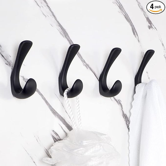 4 Pack Towel Hooks for Bathrooms Wall Mounted, Matte Black Bathroom Hooks for Towels, Robe & Towel Hook for Wall, Modern Black Bath Towel Hook