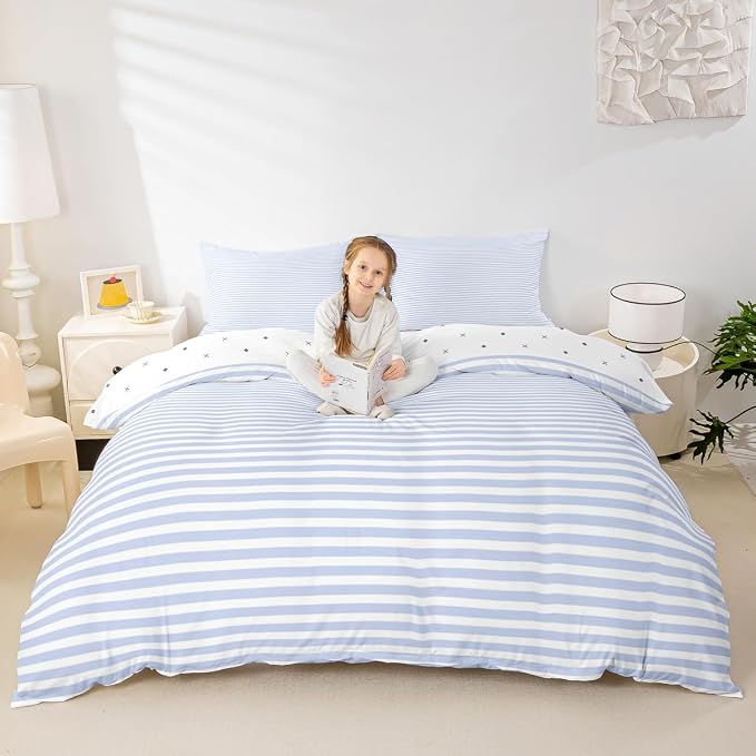 Erosebridal Blue White Stripe Duvet Cover Queen Geometric Striped Bedding Set for Kids Teens | Farmhouse Ticking Stripes Bedspread Cover Horizontal Stripes Modern Abstract Bed Set with 2 Pillow Cases