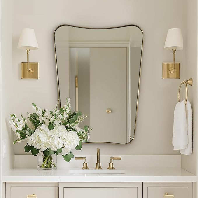 MIRRORTART Contemporary Brushed Brass Bathroom Wall Mirrors, 24x32'' Asymmetrical Scalloped Butterfly Rectangle Gold Mirror in 1'' Stainless Steel Metal Frame for Home Decor Wall Mounted Vertical Only