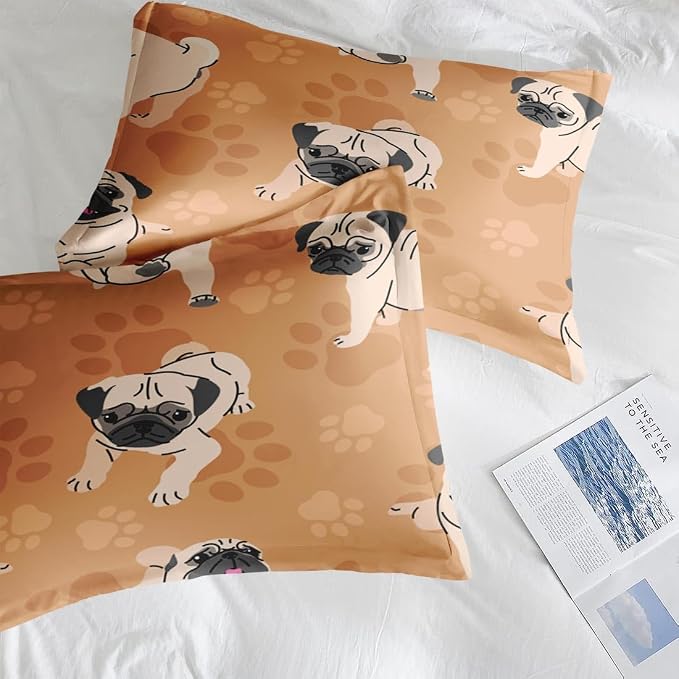 Comforter Set with Pillowcase Twin Size, Cute Brown Pug Dog Lover, Bed Decor Happy Puppy Animal Paws Gift for Kids and Adults, Soft Cozy Bedroom Bedding Set