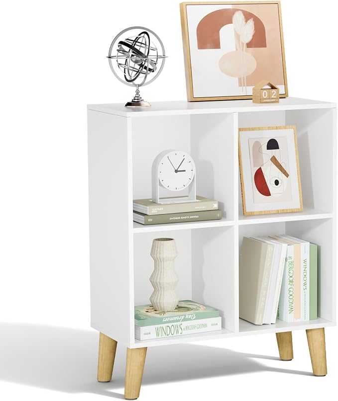 4 Cube Storage Organizer with Legs, 2 Tier Cube Low Bookcase Freestanding Storage Display Organizer for Home Office, Four-Cubes Open Shelf Short Bookshelf (White, 4 Cube)