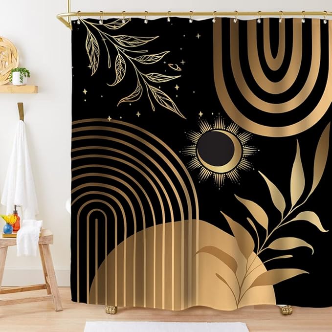 Miyotaa Black Abstract Modern Shower Curtain Set 60Wx71H Inches Minimalist Geometric Plant Leaves Metallic Gold (No Glitter) Polyester Waterproof Cloth Bathroom Curtain with 12 Hooks