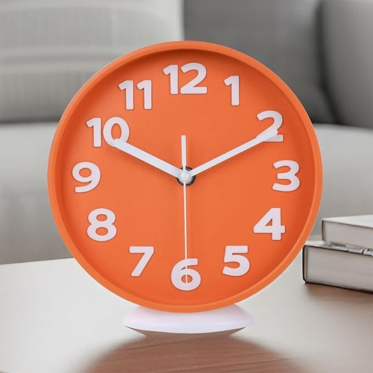 JENLYSTIME 8 Inch Vibrant Orange Modern Wall Clock – Silent Non-Ticking, Bold 3D Numbers, Precise Quartz Movement | Decorative Desk & Wall Clock with Stand for Home, Kitchen, Bedroom, or Office