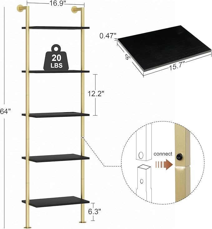 Acovy 5-Tier Bookshelf - Solid Wood Narrow Bookcase Set of 2, Wall Mount Ladder Shelf, Storage Rack for Living Room, Bedroom, Bathroom, Black and Gold