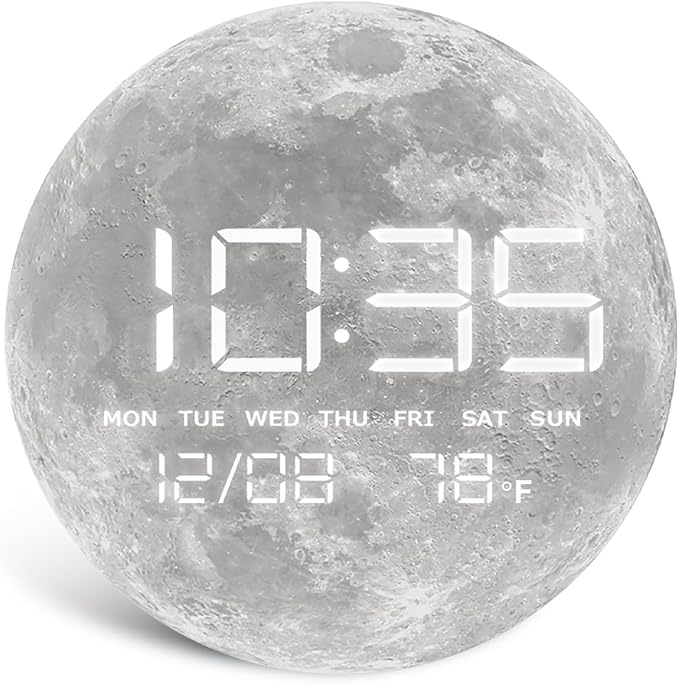 Digital Wall Clock, LED Moon/Earth Design, Temperature Display, 7.87 x 7.87 inches (Moon, 7.87 INCH)