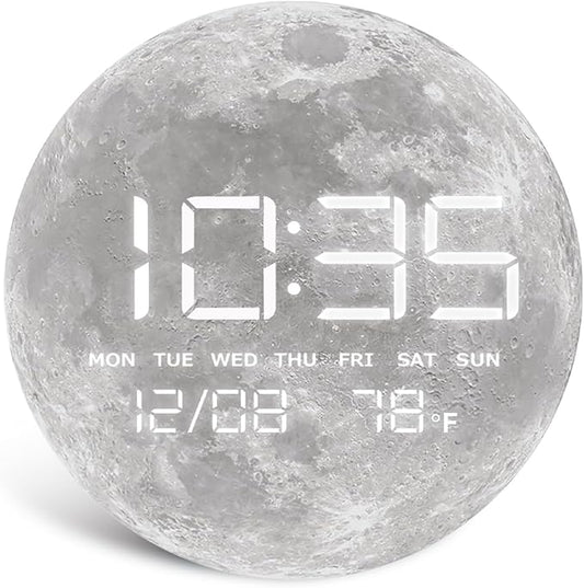 Digital Wall Clock, LED Moon/Earth Design, Temperature Display, 7.87 x 7.87 inches (Moon, 7.87 INCH)