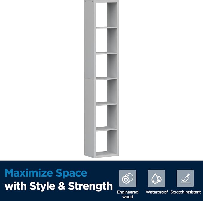 6 Cube Storage Organizer Single Row, Cube Shelf with Heavy-Duty Thick Boards, 13.31" L x 9.37" W x 72.36" H, Smooth Easy-Clean Panels, Simple Assembly, for Living Room Bedroom Office, White