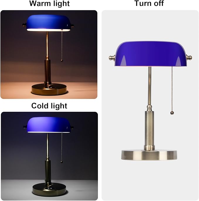 FIRVRE Bankers Lamp with2 USB and Wireless Charging Port，Pull Chain Switch Blue Glass Desk Lamp， E26 Base,Traditional Library Desk Lamps for Home Office,Bedroom,Piano