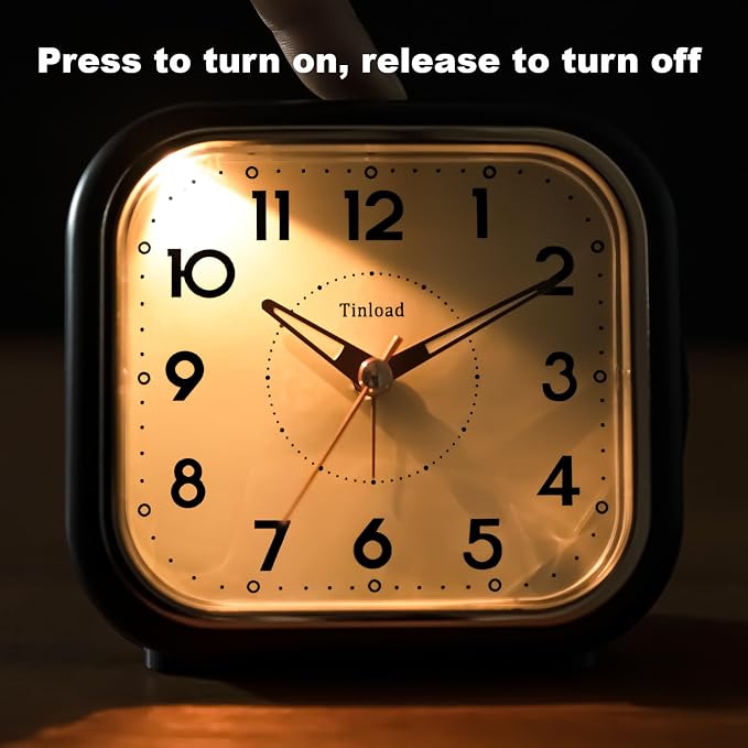 Tinload 4.3" Vintage Retro Analog Alarm Clock, Super Silent Non Ticking Clock with Manual Light, Snooze, Battery Operated, Simply Design, for Living Room, Bedroom, Bedside, Desk(Black)